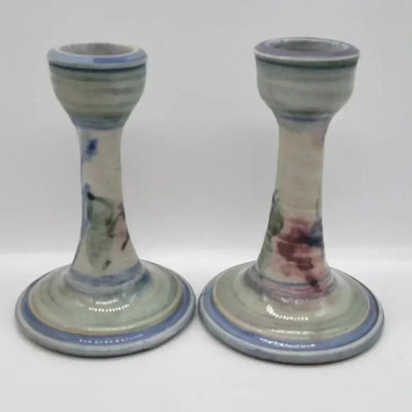 Set of Two Pottery Candle Holder ,Signed Earthy Colors Light Blue Green - Picture 2 of 7